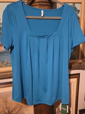 HALARA Teal Square-Neck Pleated Short-Sleeve Blouse